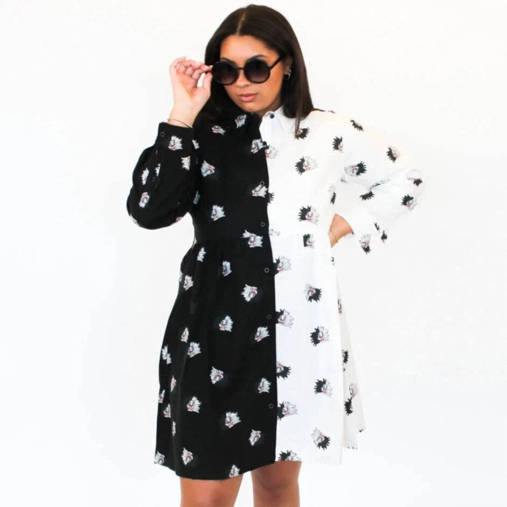 Disney Cakeworthy 101 Dalmatians Cruella De Vil Button Down Dress Black White M